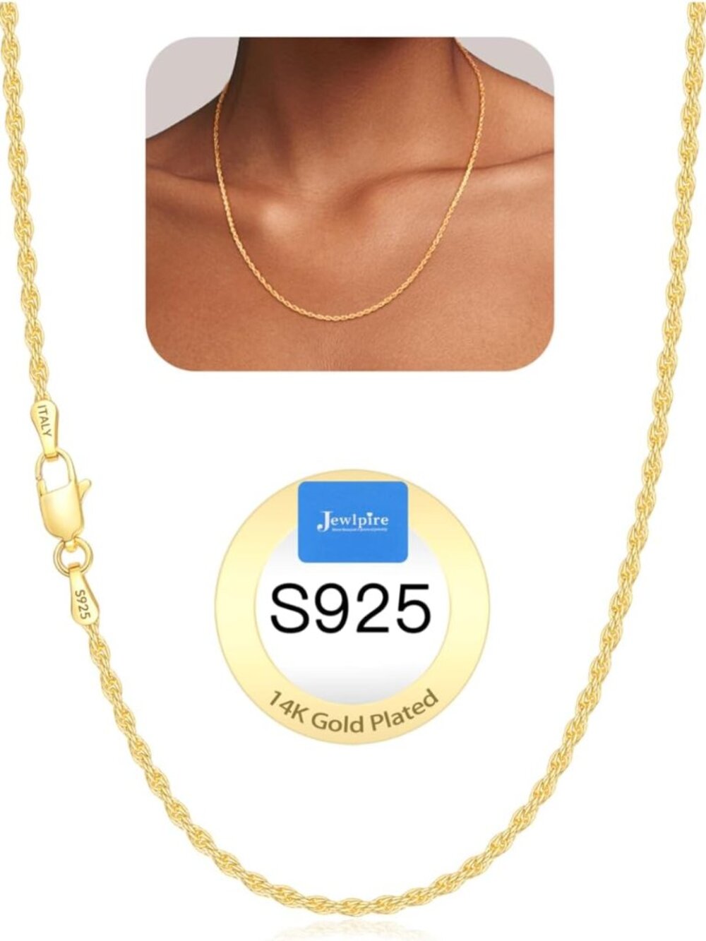 2mm Rope Chain 925 Sterling Silver Chain Necklace for Women, 14K Gold Plated Cha